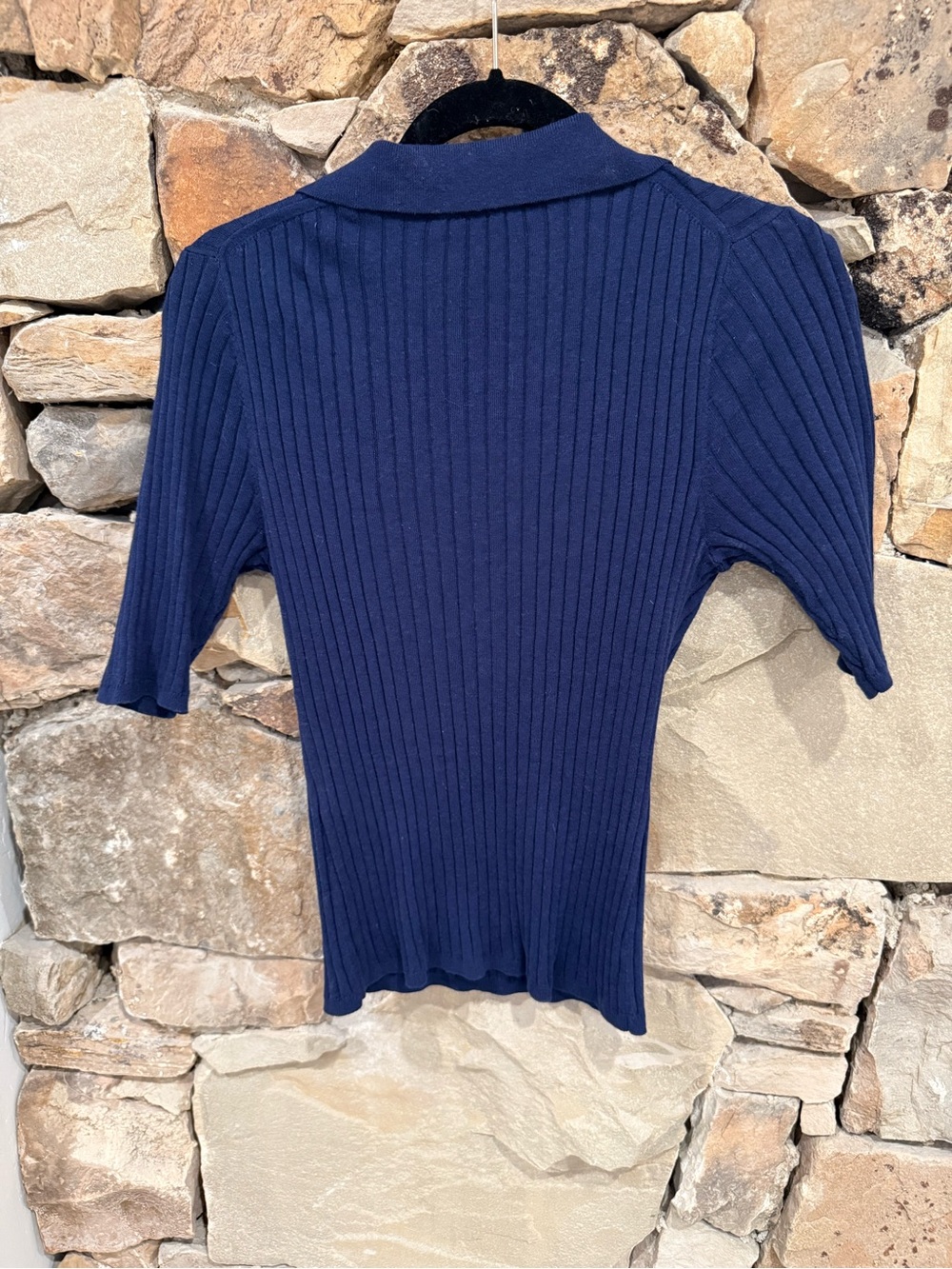 White House Black Market Navy Ribbed Short-Sleeve Polo Top - Picture 2 of 7